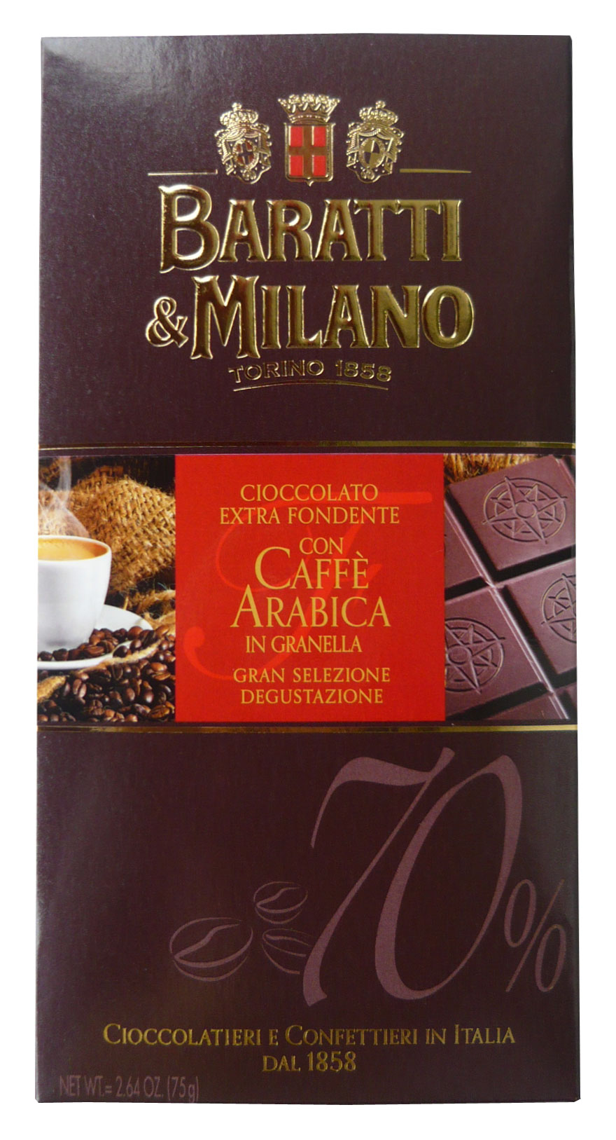 Čokoláda hořká 70% s krystalky kávy Baratti & Milano 75g